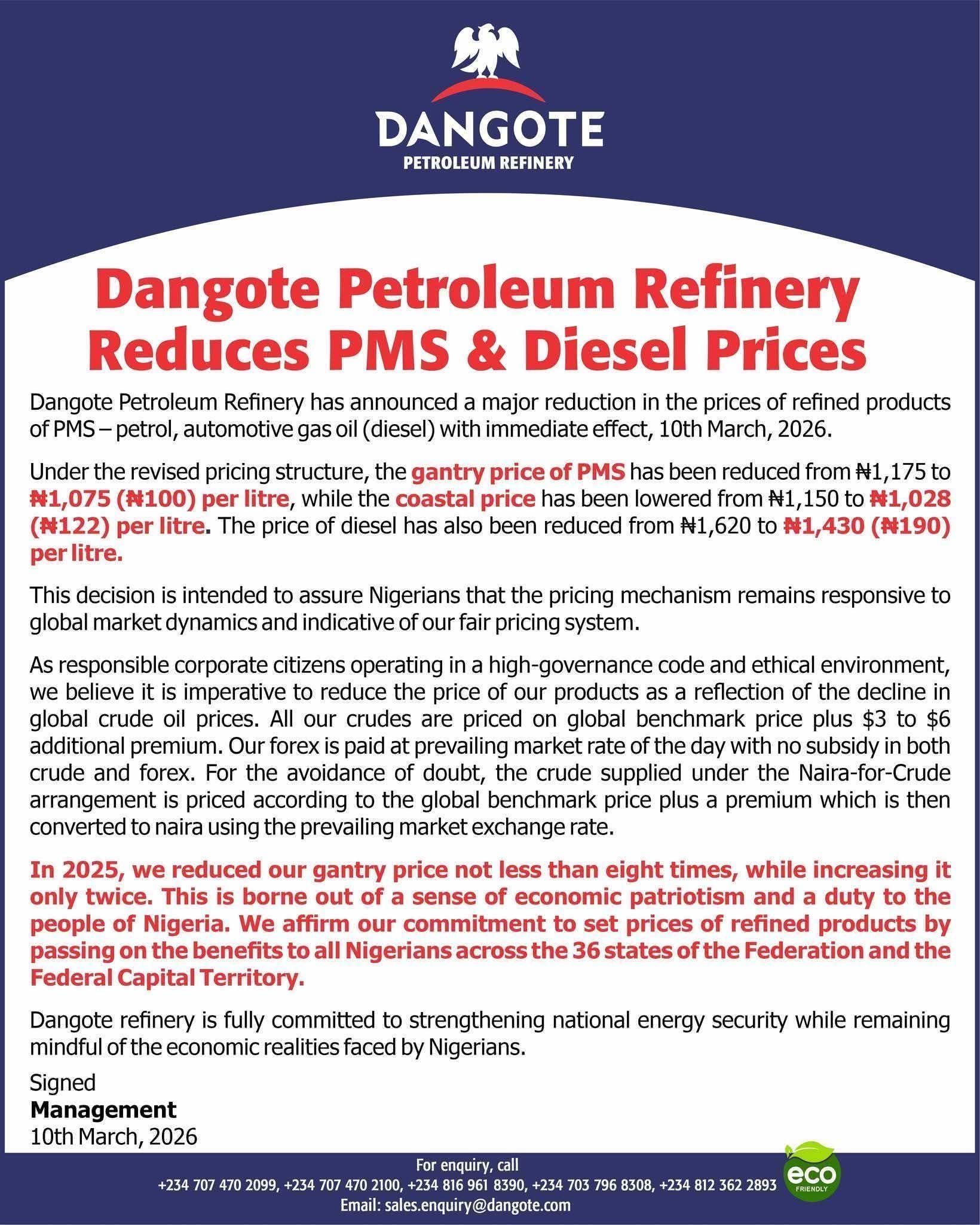 Dangote Refinery Cuts Petrol, Diesel Prices as Global Crude Declines